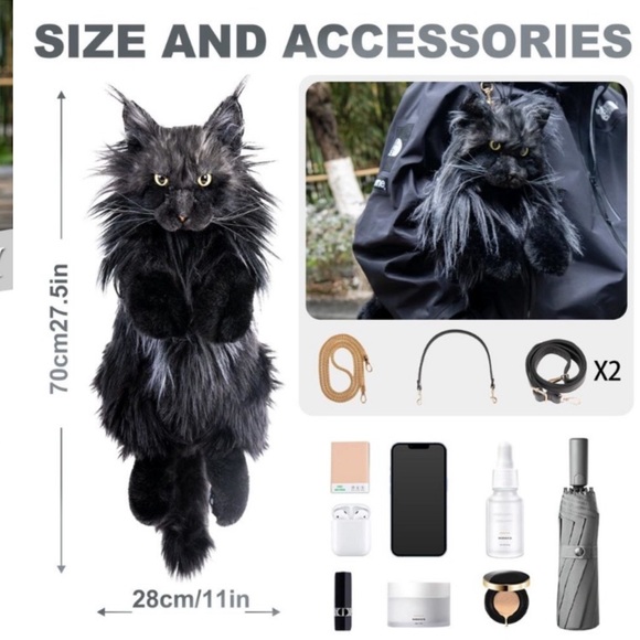 Cat Shaped Backpack - Handcrafted Stuffed Animals Bag, Black Cat Plush Bag new - Picture 6 of 9